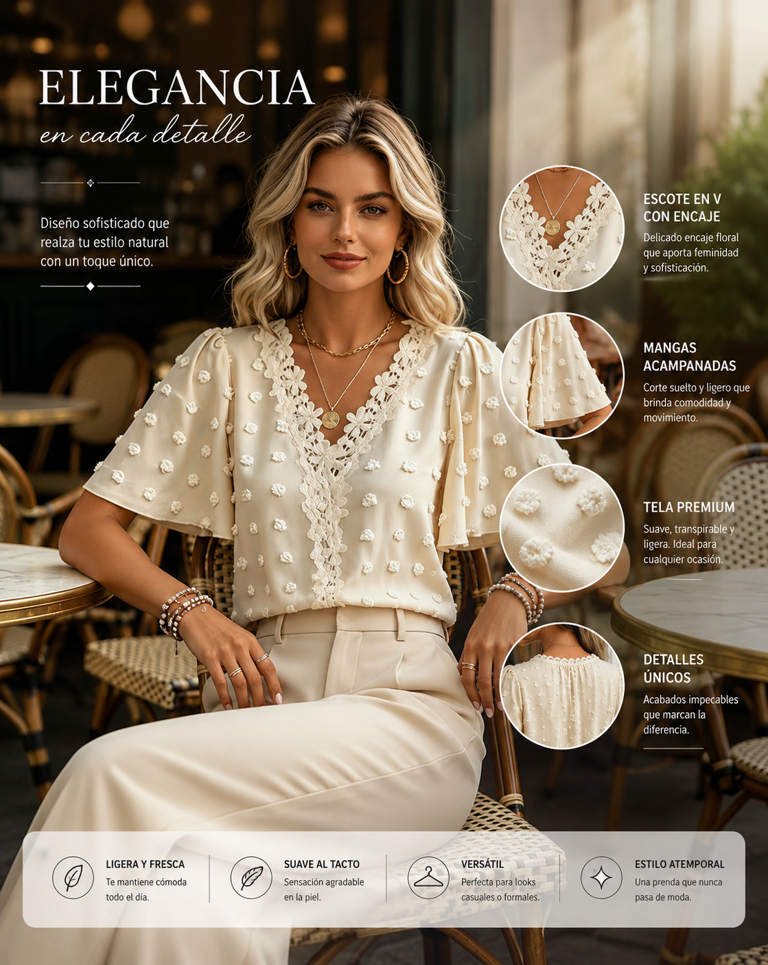 Anna |  Top jacquard con cuello en V y mangas de mariposa