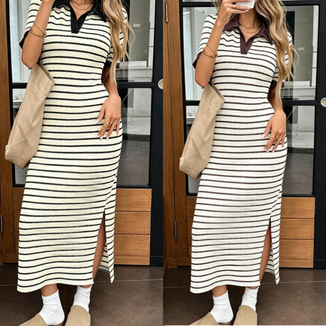 Carlotta | Vestido elegante de manga corta a rayas con cuello