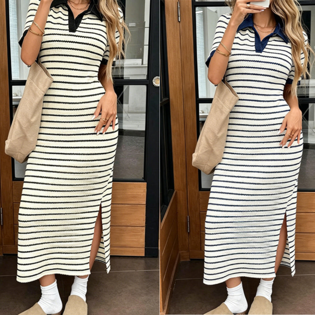 Carlotta | Vestido elegante de manga corta a rayas con cuello
