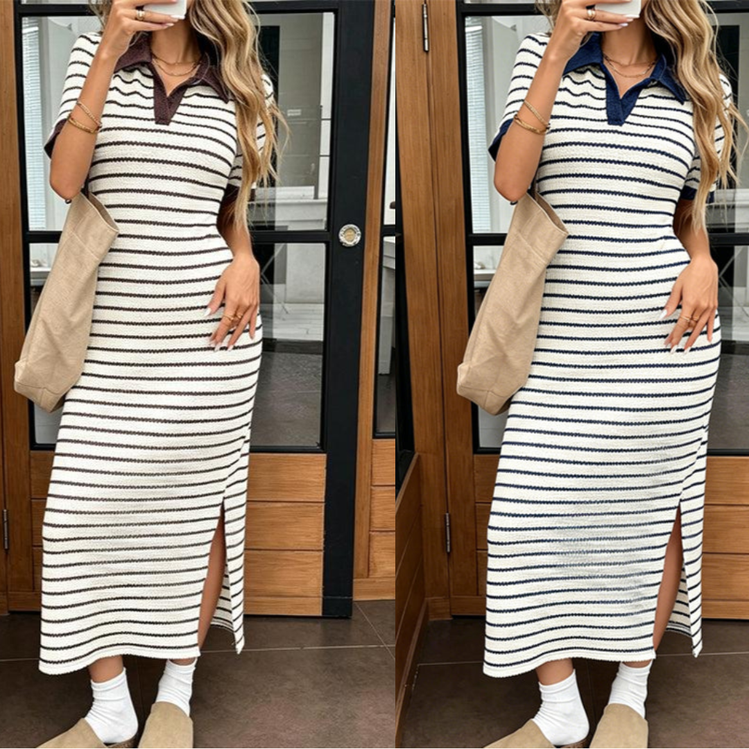 Carlotta | Vestido elegante de manga corta a rayas con cuello