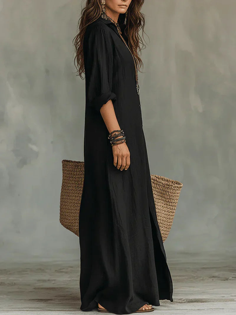 Céline™ | Vestido Maxi Negro Amplio con Botones