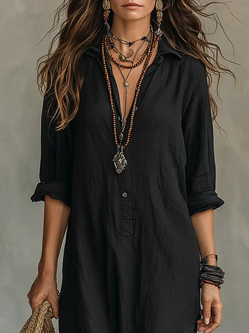 Céline™ | Vestido Maxi Negro Amplio con Botones