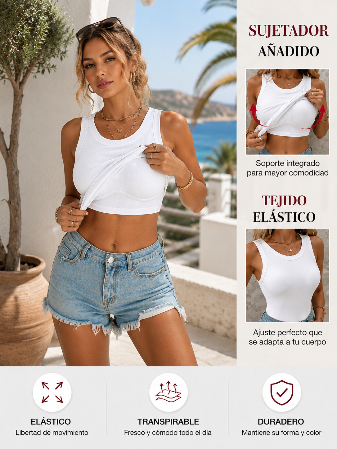 Lidia | Camiseta elástica sin mangas con sujetador incorporado