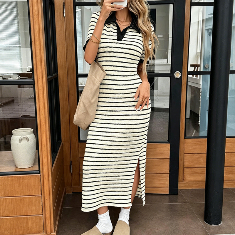 Carlotta | Vestido elegante de manga corta a rayas con cuello