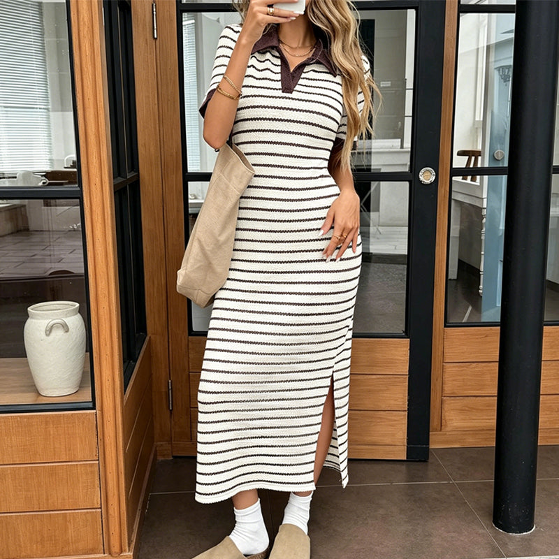 Carlotta | Vestido elegante de manga corta a rayas con cuello