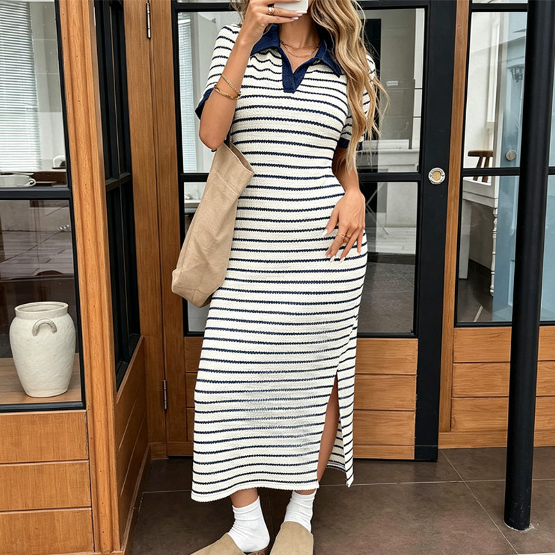 Carlotta | Vestido elegante de manga corta a rayas con cuello