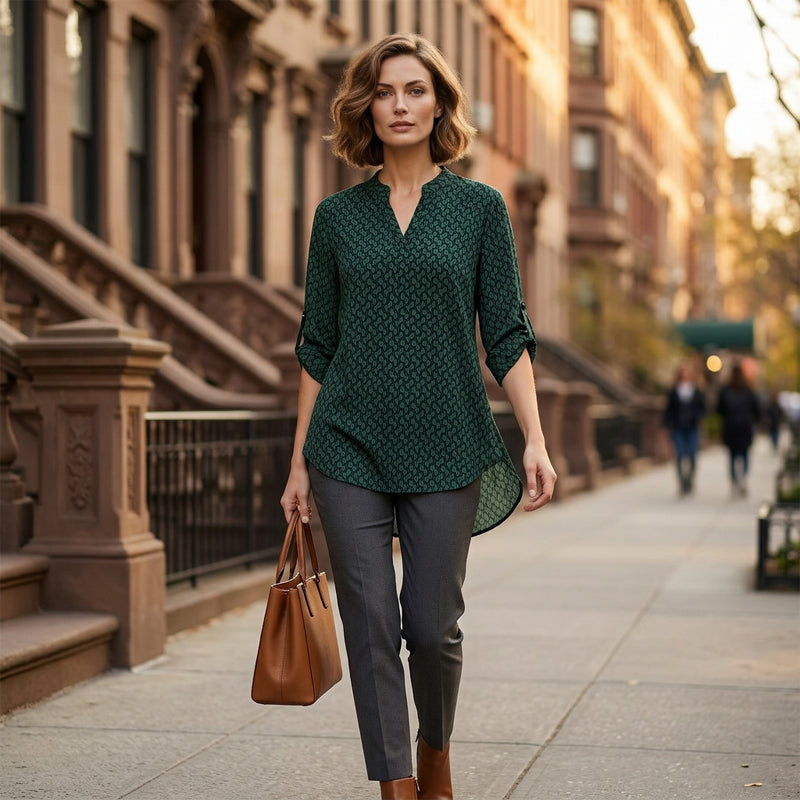 Aurora | Blusa vintage con cuello en V y estampado geométrico