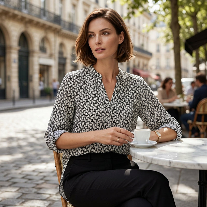 Aurora | Blusa vintage con cuello en V y estampado geométrico