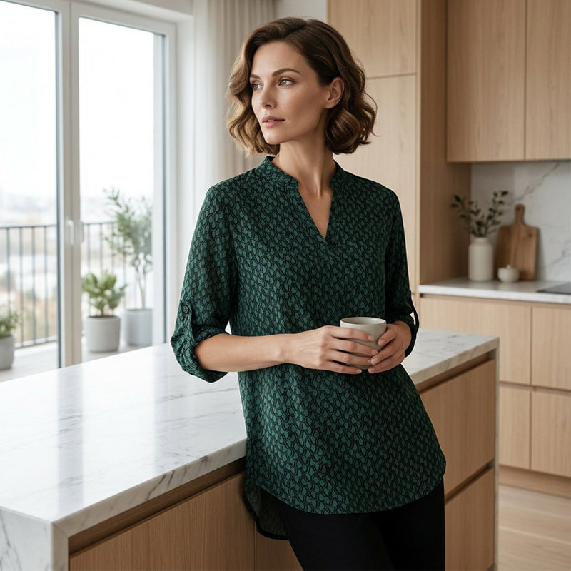 Aurora | Blusa vintage con cuello en V y estampado geométrico