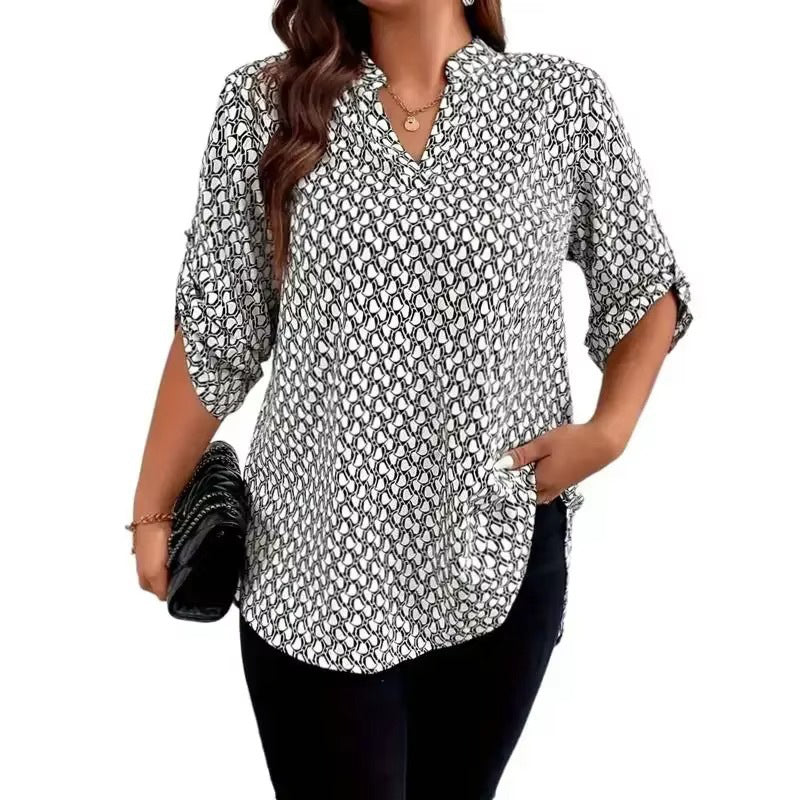 Aurora | Blusa vintage con cuello en V y estampado geométrico