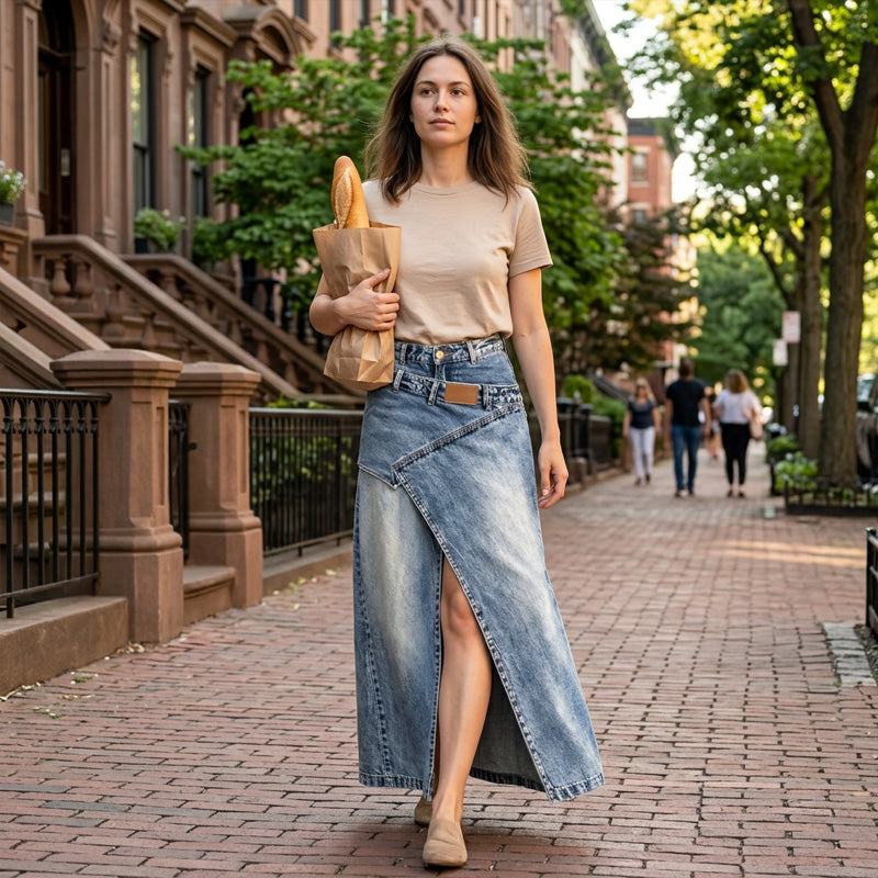 Valeria | Falda Vaquera Maxi de Tiro Alto en color Azul denim - Luxevia